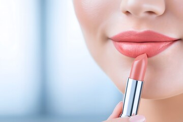 Obraz premium Close-up of a woman applying soft pink lipstick to her lips, showcasing beauty and makeup artistry with a blurred background enhancing the focus on her lips and the cosmetic product