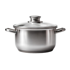 Shiny metal cooking pot with glass lid and handles