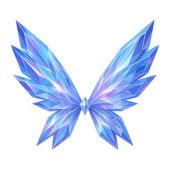 Shining blue crystal butterfly wings with radiant gemstone center isolated on transparent background for winter fairy themes, fantasy branding, Elegant icy crystal wings with blue gemstone center, PNG