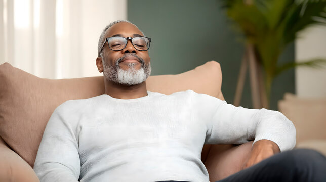 Mature African American man relaxing on a cozy sofa in a modern living room, enjoying a moment of tranquility and peace, surrounded by soft natural light and greenery - Powered by Adobe
