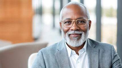 Obraz premium Mature African American man with glasses, smiling confidently in a modern office environment, showcasing professionalism and approachability in a well-lit setting