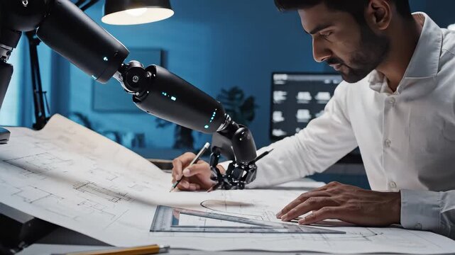 Man at drafting table works alongside a robotic arm, using innovative technology. Man is focused on blueprints with assistance from advanced robotic arm, achieving precision.