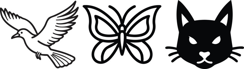 Animal Icons Collection: Dove, Butterfly, and Black Cat Head Symbols. Vector Line Art and Silhouette Drawings for Nature, Pets, Tattoos, and Creative Design.
