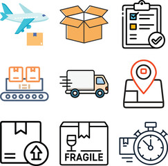 E-commerce and Logistics Icon Set: Shipping, Tracking, Delivery Truck, Air Cargo, Warehouse, and Supply Chain Management Vector Symbols for Freight and Online Store.