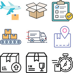 Shipping and Logistics Icon Set: Delivery, Tracking, Export, Air Cargo, Warehouse, and Supply Chain Management Vector Symbols for E-commerce and Freight.