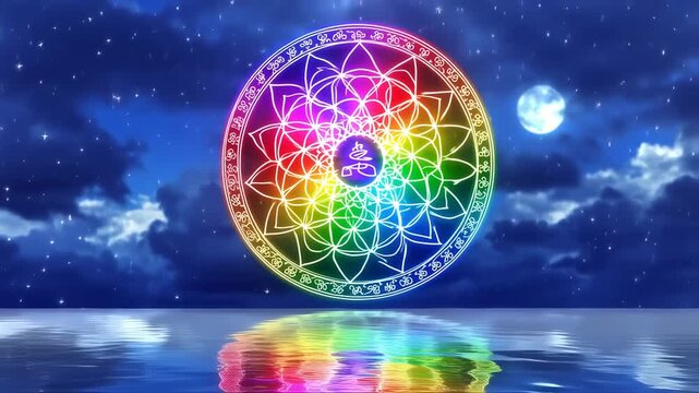 Glowing Rainbow Mandala with Kanji Dream Symbol Reflected in Water under Starry Night Sky and Full Moon