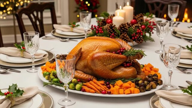Roasted poultry on a table decorated with dinnerware and food