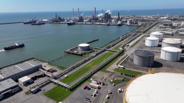 Aerial View of Large Industrial Port, Oil Refinery, and Storage Tanks with Cargo Ships in Harbor