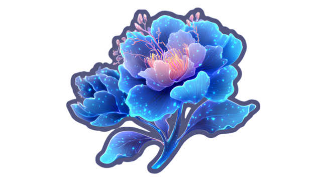 Vibrant glowing blue fantasy flower with intricate details, outlined and isolated on transparent background