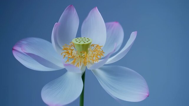 White Lotus Flower with Pink Tips Blooming on a Blue Background
