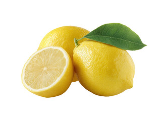Bright yellow lemons with a green leaf, one halved, against black