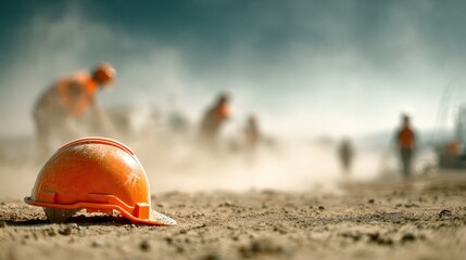 Safety Helmet on Construction Site with Workers, Dust, and Heavy Machinery in Background Under Bright Sky Showing Construction Activity
