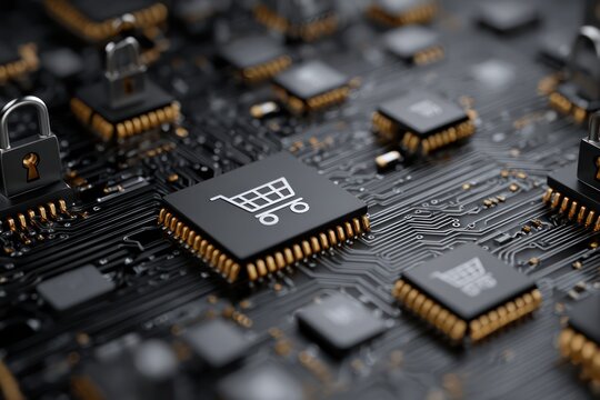 Cybersecurity for E-commerce: Padlocks and Carts on Tech Background