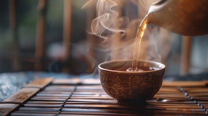 Steam rises as tea is poured into a ceramic cup at a tranquil ga