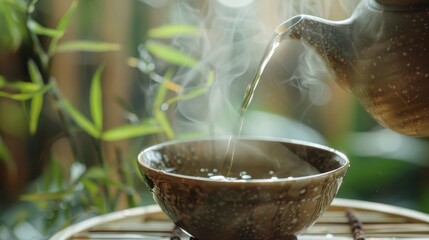 Steam rises as tea is poured into a ceramic cup at a tranquil ga