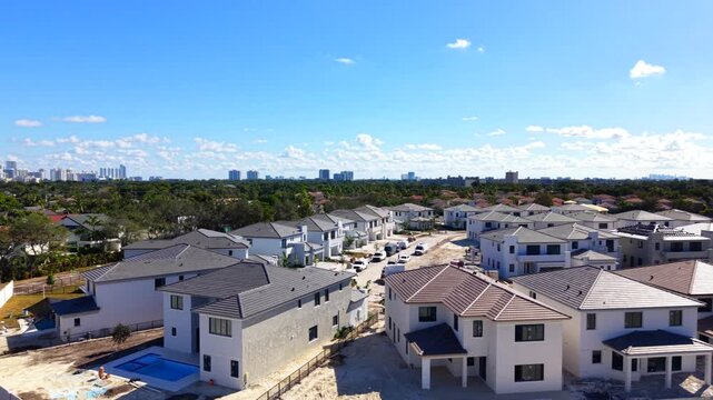 Construction of a new housing development. Aerial drone inspection video stages 2025 Miami