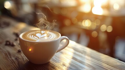 Enjoying a warm cup of coffee with latte art in a cozy cafe duri