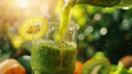 Fresh green smoothie being poured into a glass surrounded by vib