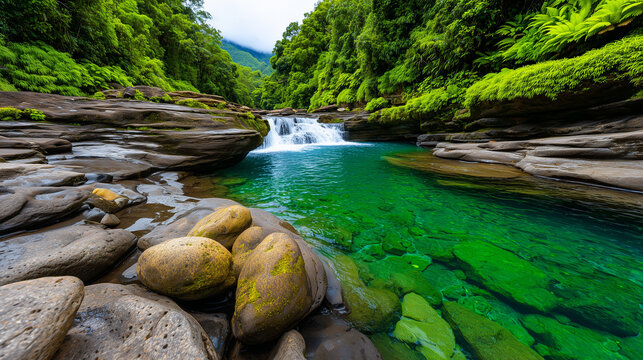 Tropical Jungle Waterfall with Ultra-Smooth Water Flow and Neon Mist
- Powered by Adobe