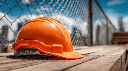 Bright orange hard hat resting on wooden surface against a blurred urban skyline with a chain link fence in the background under a clear blue sky