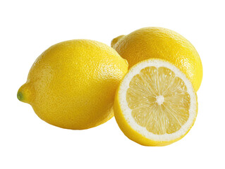 Bright yellow lemons, one sliced, revealing juicy pulp