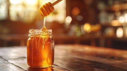 Honey dripping from a wooden dipper into a jar in a warm kitchen