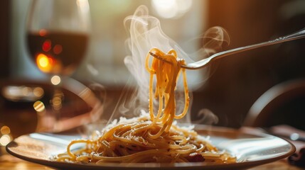 Pasta twirls on a fork with steam rising, warm restaurant atmosp