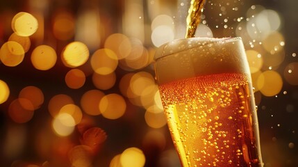 Refreshing golden beer pouring into a glass with sparkling bubbl