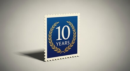 A postage stamp design with a blue background, gold laurel wreath, and "10 YEARS" text, with shadow on beige backdrop