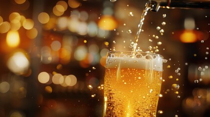 Refreshing golden beer pouring into a glass with sparkling bubbl