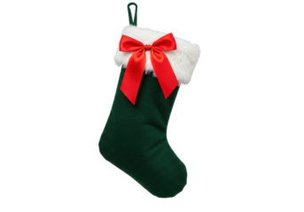 Detailed forest green christmas stocking with plush white faux fur cuff and bright red satin bow, isolated on transparent background for copy space, professional macro shot conveying traditional
