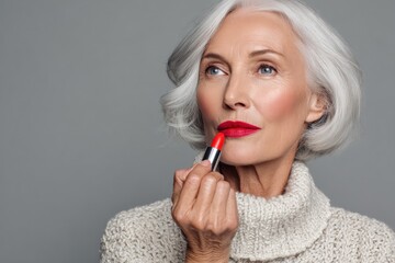 Close-up: Mature Woman's Hands Applying Vibrant Lipstick Makeup