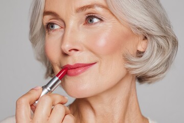 Elegant Senior Woman Applying Bright Red Lipstick Close-up