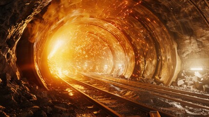 Construction equipment drills through rock to create a tunnel at