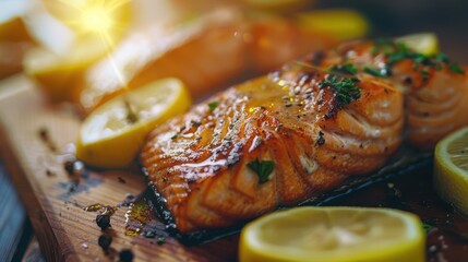 Grilled salmon with lemon garnishes served on a wooden cutting b