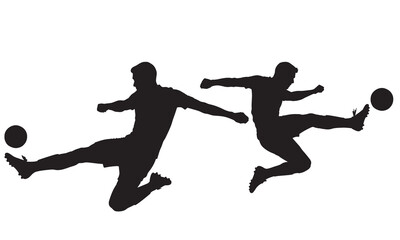 Dynamic silhouette of two soccer players in mid air kicking a ball