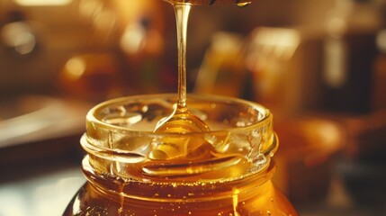 Honey dripping from a wooden dipper into a jar in a warm kitchen