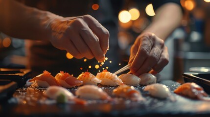 Chef carefully prepares fresh sushi at a sushi bar in a bustling