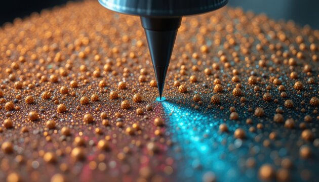 Close-up of Atomic Force Microscope Tip Interacting with Golden Sphere Surface