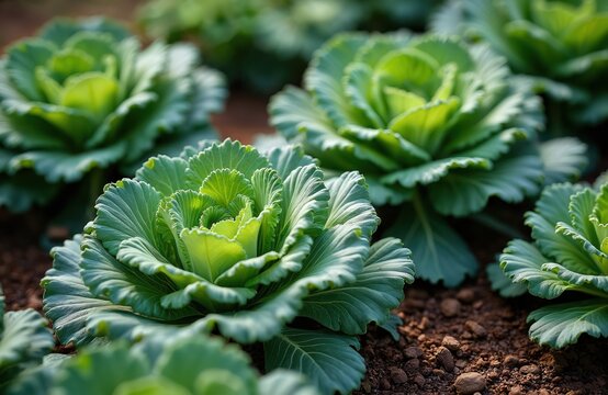 Close up on fresh green curly kale plants on brown soil. Vegetables grow in a garden bed. Healthy lifestyle concept. Food production in agriculture. Eco farm with brassica oleracea.