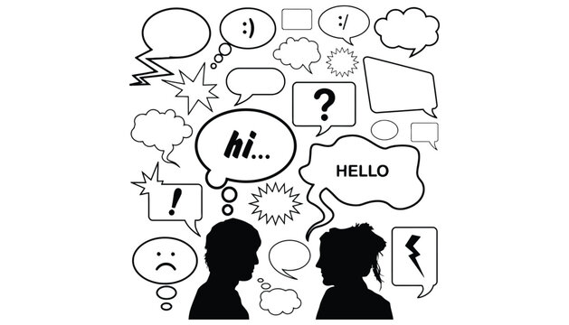 Silhouettes of people with various speech bubbles and expressions