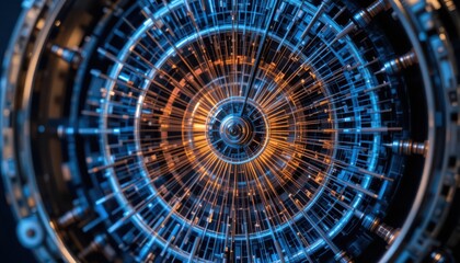 Futuristic technology background with intricate circular details and vibrant lighting displays