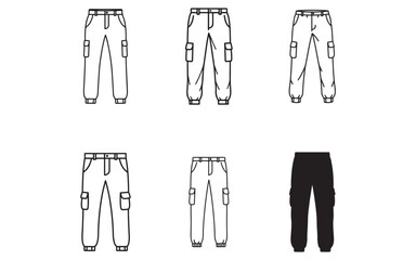 Collection of cargo pants line drawing in different style variations