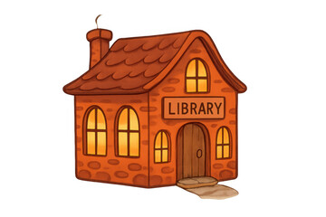 Cartoon library building with glowing windows, representing education, reading, and knowledge access, transparent background