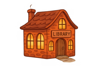 Cartoon library building with glowing windows, representing education, reading, and knowledge access, transparent background