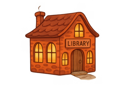 Cartoon library building with glowing windows, representing education, reading, and knowledge access, transparent background
