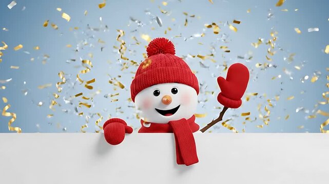 Funny cartoon snowman character greeting hello over empty sign board for text