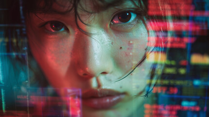 Artificial intelligence cyber security threat illustration, black woman working on a computer in a lab, IT specialist, AI in hacking coding & online fraud, AI engineer, inclusion in tech, side profile