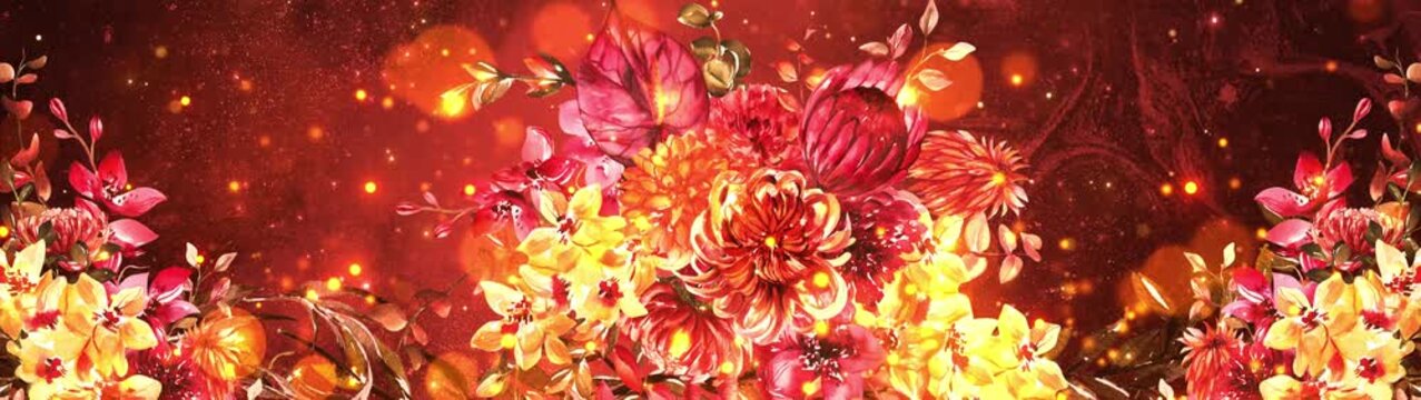 Vibrant Watercolor Autumn Flower Bouquet Background with Golden Bokeh