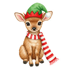 a fluffy baby reindeer fawn in a green elf hat and striped scarf, rendered in a detailed watercolor illustration style, isolated on a stark white background. concept for christmas greeting card
